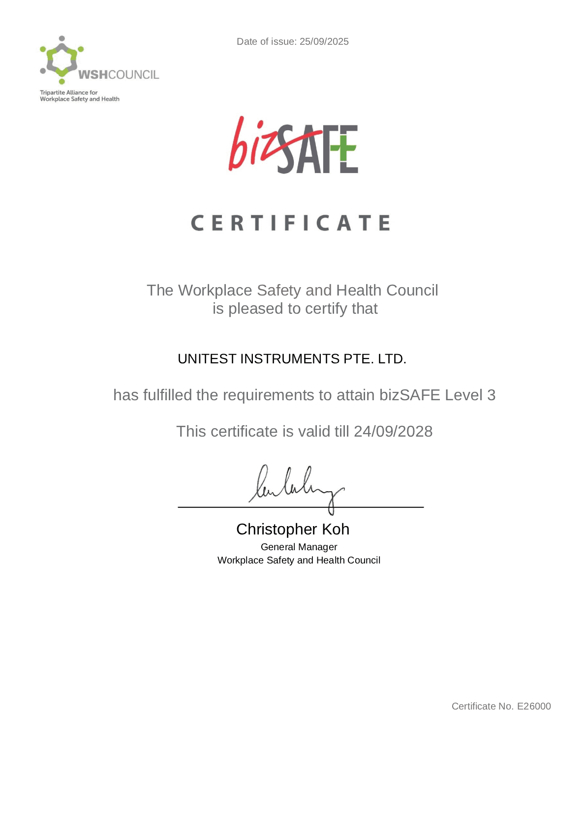 Unitest Instruments bizSAFE Level 3 certificate — Workplace Safety and Health Council