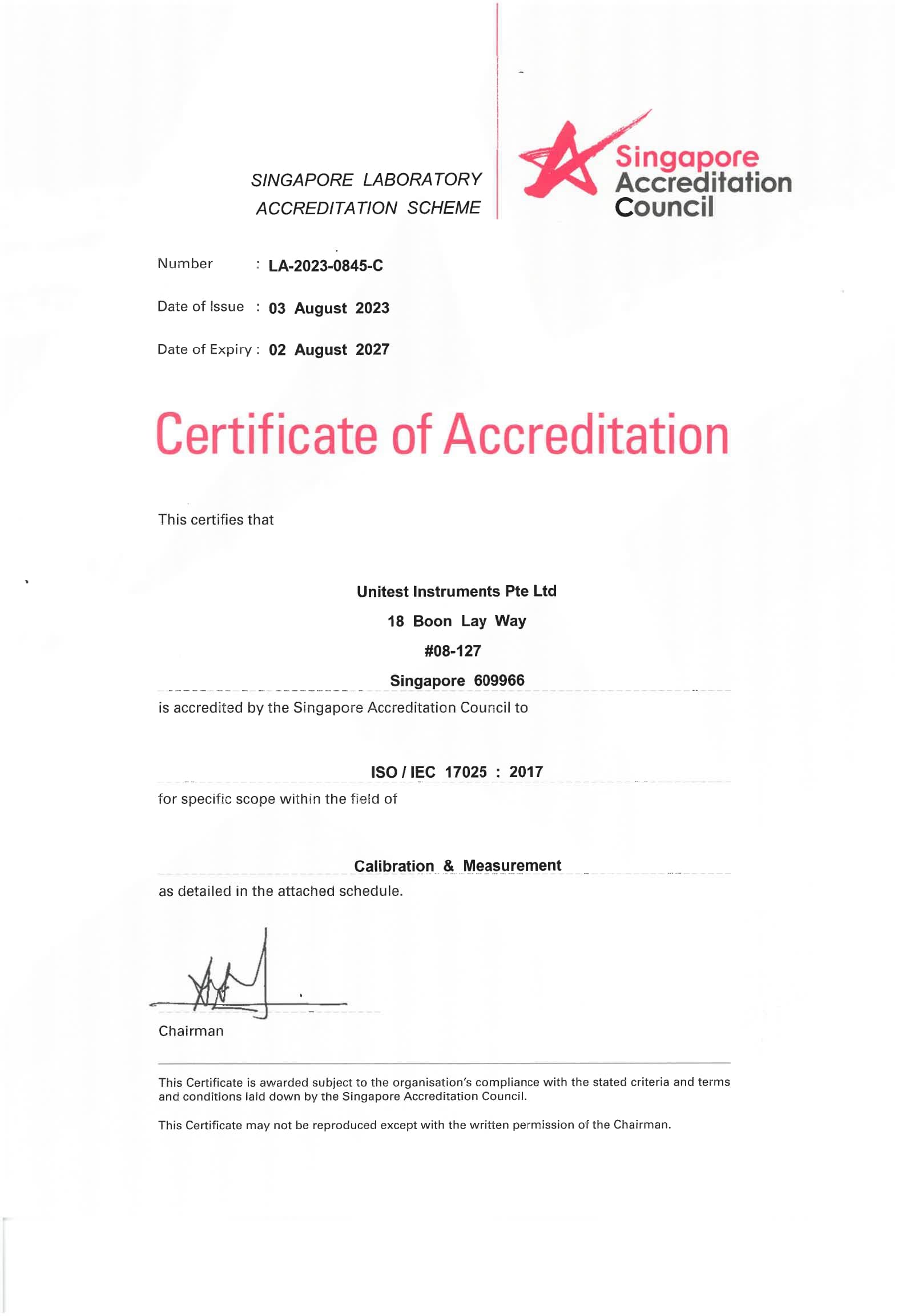 Unitest Instruments SAC-SINGLAS Certificate of Accreditation — ISO/IEC 17025:2017, No. LA-2023-0845-C