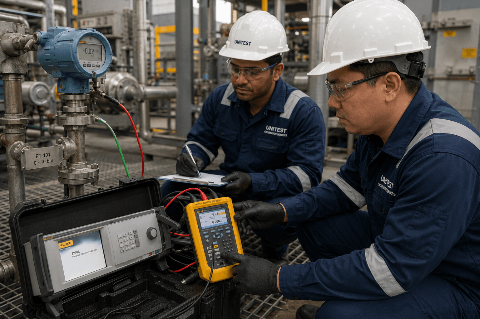 Unitest engineers in uniform performing on-site pressure calibration at an industrial facility